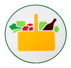 Imatge del logo de Mercadona compost per una cistella groga, omplit de verdures i una botella